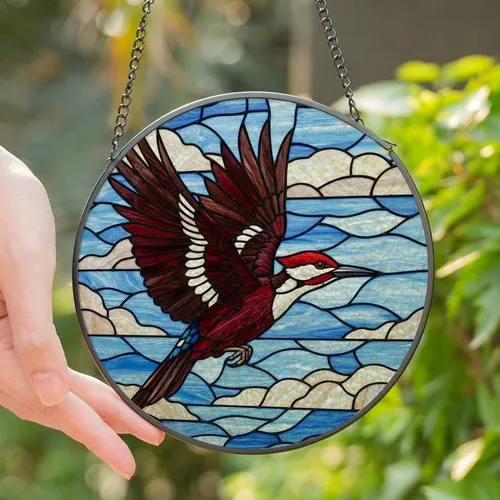 Nature Lover's Stained Glass Woodpecker Red Crown Flight Tiffany Mosaic Art Stained Glass Suncatcher