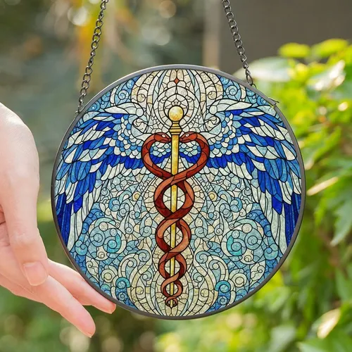 Mythology Lovers' Vibrant Tiffany Stained Glass Serpent Staff Winged Symbol Design Stained Glass Suncatcher