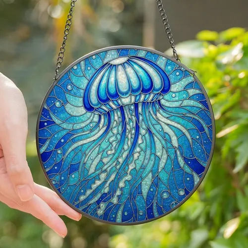 Ocean Lovers' Tiffany Stained Glass Jellyfish Ocean Mosaic Deep Blue Silver Hues Stained Glass Suncatcher