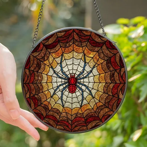 Art Enthusiasts' Vibrant Red Spider Tiffany Stained Glass Jewel Tone Web Mosaic Stained Glass Suncatcher