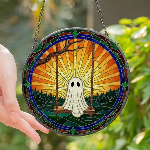 Whimsical Art Lovers' Tiffany Stained Glass Ghost Rustic Swing Sunset Mosaic Jewel Tones Stained Glass Suncatcher