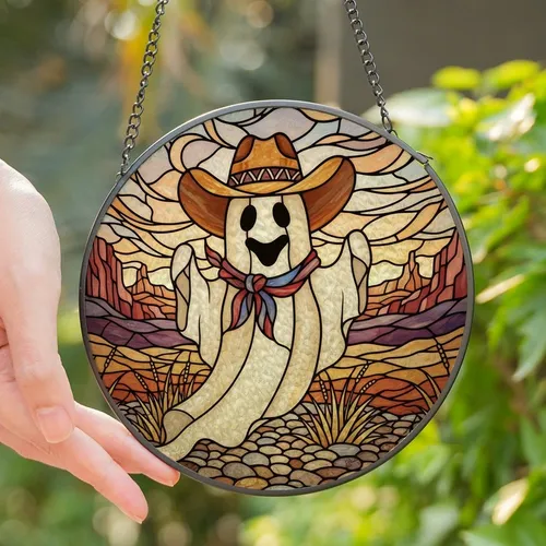 Whimsical Art Lovers' Intricate Stained Glass Ghost Cowboy Desert Mosaic Amber Brown Grey Stained Glass Suncatcher