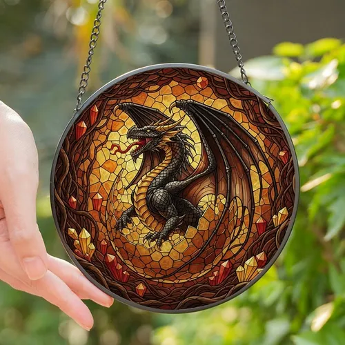 Fantasy Art Enthusiasts' Tiffany Style Stained Glass Dragon Golden Amber Red Intricate Roots Crystals Stained Glass Suncatcher