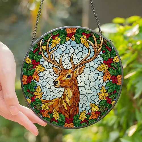 Nature Lovers' Majestic Stained Glass Stag Antlers Jewel Tone Emerald Ruby Sky Mosaic Stained Glass Suncatcher