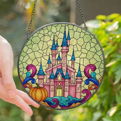 Women's Whimsical Pink Castle Stained Glass Art Glowing Pumpkin Jewel Tones Stained Glass Suncatcher