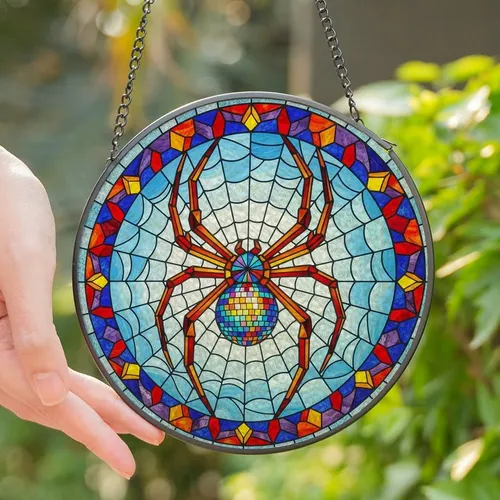 Art Lovers' Iridescent Disco Spider Mosaic Stained Glass Jewel Tone Web Sky Stained Glass Suncatcher