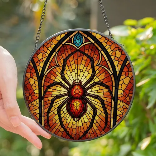 Unique Art Enthusiasts' Tiffany Style Stained Glass Large Spider Gothic Arch Red-Orange Blue Mosaic Stained Glass Suncatcher