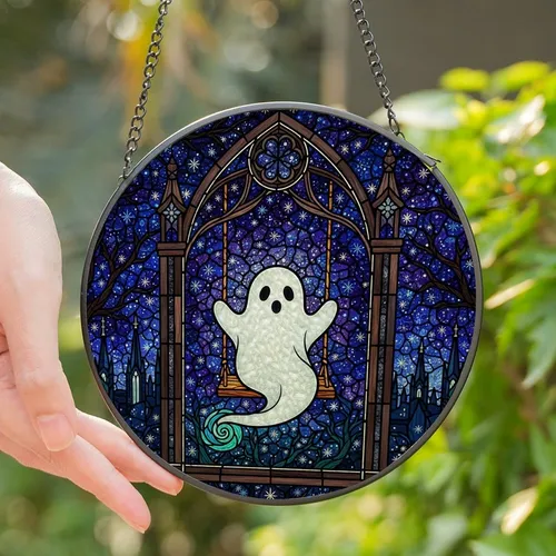 Spooky Cute Fans Tiffany Style Stained Glass Cute Ghost on Swing, Gothic Arch Mystical Night Sky Mosaic, Jewel Tones Stained Glass Suncatcher