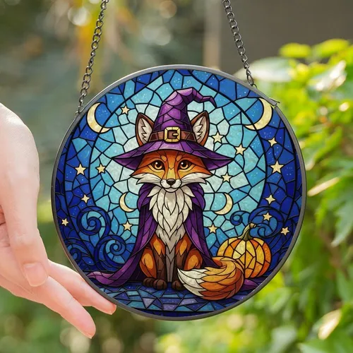 Fantasy Art Lovers' Detailed Stained Glass Fox Witch, Deep Purple Hat, Vibrant Orange & Blue Mosaic Stained Glass Suncatcher