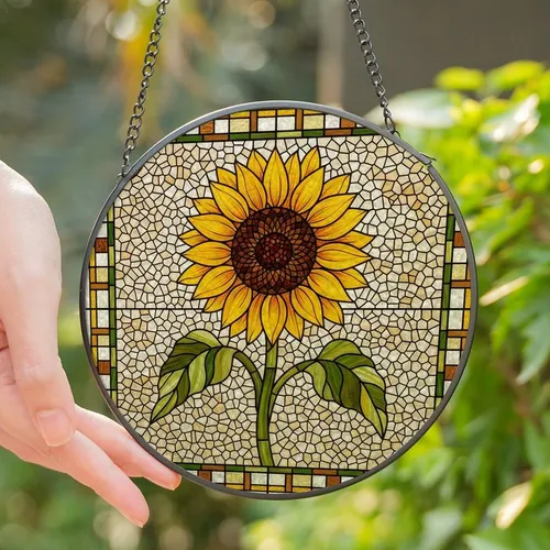 Nature Lovers' Vibrant Stained Glass Sunflower Mosaic Golden Yellow Deep Green Jewel Tone Art Stained Glass Suncatcher