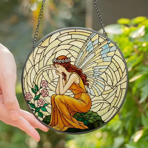 Stained Glass Art Lovers' Ethereal Fairy Tiffany Style Golden-Orange Emerald Green Rose Pink Mosaic Stained Glass Suncatcher