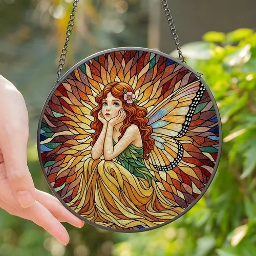 Fantasy Lovers' Wistful Stained Glass Fairy Girl Tiffany Style Mosaic Jewel Tones Design Stained Glass Suncatcher