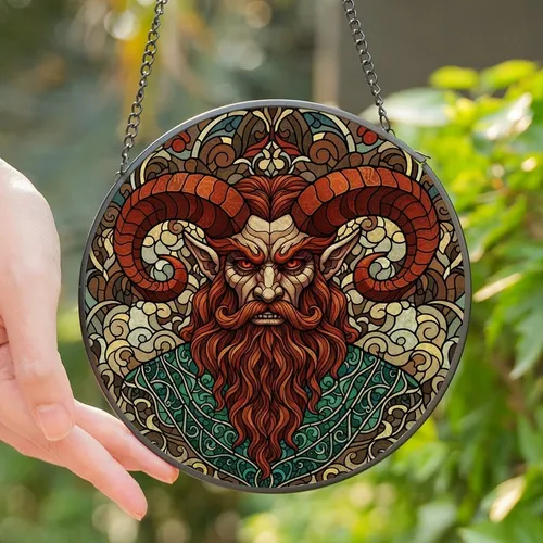 Fantasy Art Lovers' Tiffany Stained Glass Fierce Horned Mystic, Red Eyes, Auburn Beard, Teal-Green Garment, Intricate Mosaic Stained Glass Suncatcher