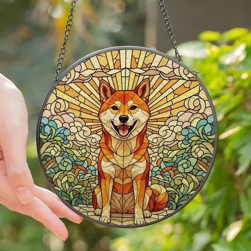 Shiba Inu Lovers' Joyful Stained Glass Shiba Dog Smiling Mosaic with Orange Amber Swirling Jewel Tones Stained Glass Suncatcher