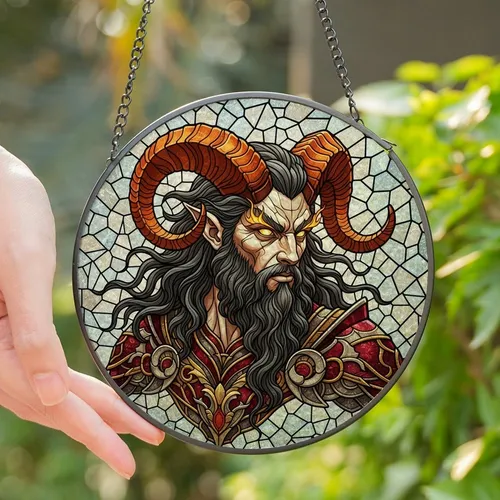 Fantasy Art Enthusiasts' Detailed Tiffany Stained Glass Satyr Bust Orange Horns Glowing Yellow Eyes Red Gold Armor Mosaic Stained Glass Suncatcher