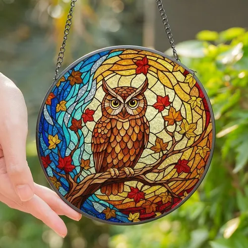 Nature Lovers' Vibrant Stained Glass Owl Autumn Leaves Jewel Tone Mosaic Art Stained Glass Suncatcher