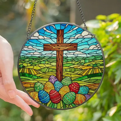 Devotional Art Admirers' Tiffany Stained Glass Cross, Jewel Tone Easter Egg Landscape Stained Glass Suncatcher