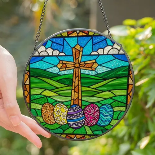 Faithful Individuals' Vibrant Stained Glass Cross Mosaic with Jewel Tone Easter Eggs, Tiffany Style Blue Green Gold Purple Orange Stained Glass Suncatcher
