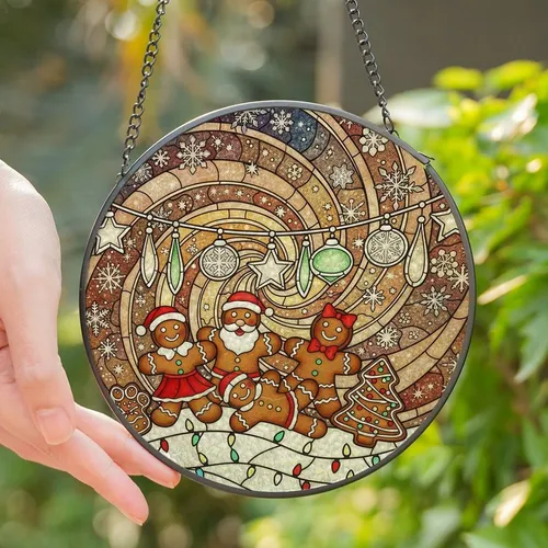 Holiday Enthusiasts Jewel-Toned Tiffany Stained Glass Gingerbread Family Festive Winter Mosaic Stained Glass Suncatcher