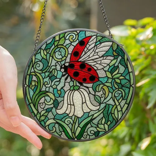 Nature Lovers' Vibrant Stained Glass Ladybug White Bell Flower Emerald Green Leaves Tiffany Style Mosaic Pattern Stained Glass Suncatcher