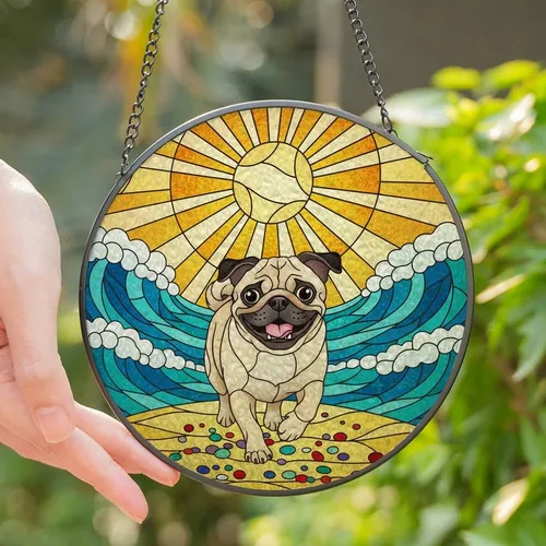 Pug Lovers' Vibrant Stained Glass Fawn Pug Sunburst Ocean Beach Mosaic Stained Glass Suncatcher