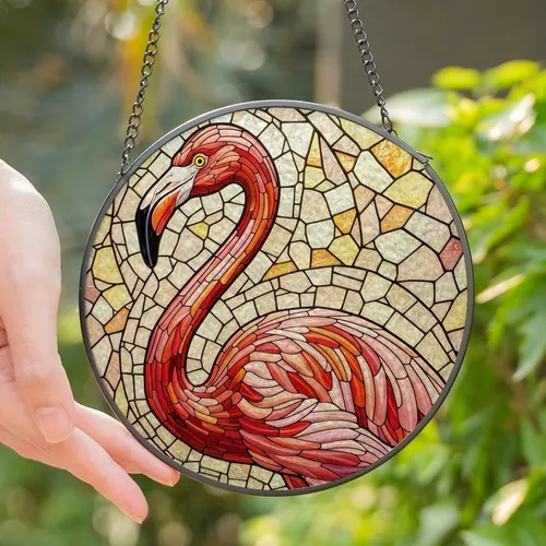 Art Lovers' Tiffany Stained Glass Flamingo Mosaic Jewel Tones Red Orange Yellow Pink Stained Glass Suncatcher