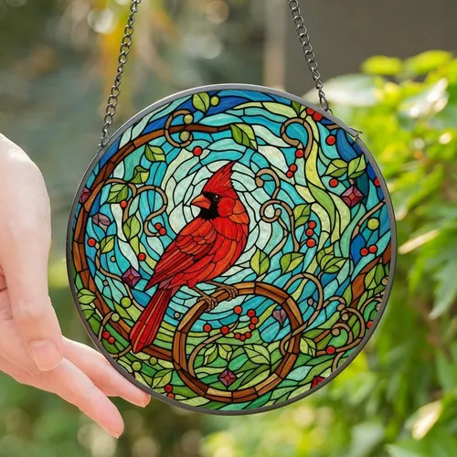 Nature & Bird Lovers' Intricate Fiery Red Cardinal Stained Glass Jewel-Tone Mosaic Pattern Stained Glass Suncatcher