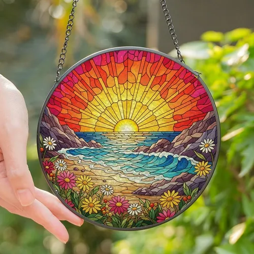 Nature Lovers' Glowing Stained Glass Coastal Sunrise Beach Wildflowers Ocean Mosaic Pattern Stained Glass Suncatcher