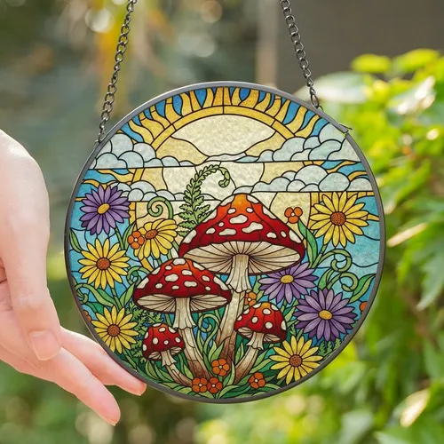 Nature Lovers' Tiffany Stained Glass Mushroom Wildflower Sun Mosaic Red Green Purple Stained Glass Suncatcher
