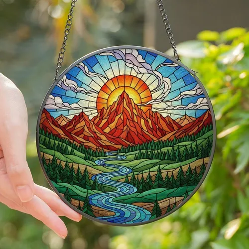 Outdoor Enthusiasts' Jewel Tone Stained Glass Mountain Forest River Radiant Sun Mosaic Stained Glass Suncatcher