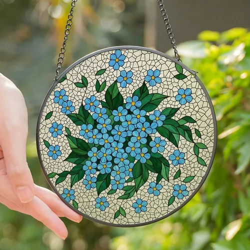 Nature Lovers' Tiffany Style Stained Glass Blue Floral Emerald Leaf Mosaic Pattern Stained Glass Suncatcher
