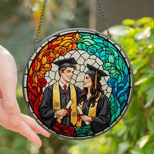 Graduation Celebrators Jewel-Toned Stained Glass Joyful Graduates Floral Mosaic Border Stained Glass Suncatcher