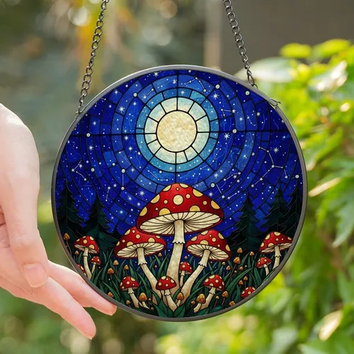 Nature & Fantasy Enthusiasts' Jewel Tone Stained Glass Glowing Mushroom Starry Night Forest Mosaic Stained Glass Suncatcher