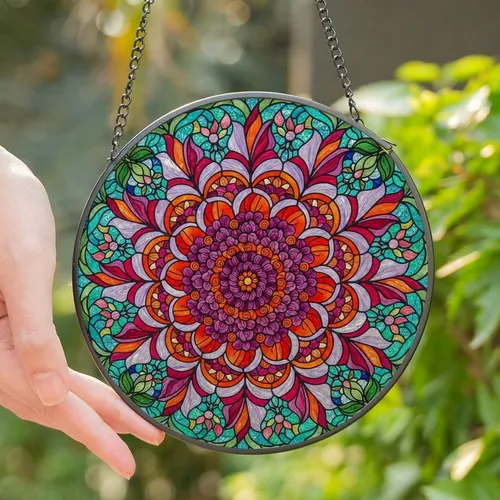 Art Lovers' Tiffany Stained Glass Dahlia Jewel Tone Purple Orange Fuchsia Aqua Botanical Mosaic Stained Glass Suncatcher