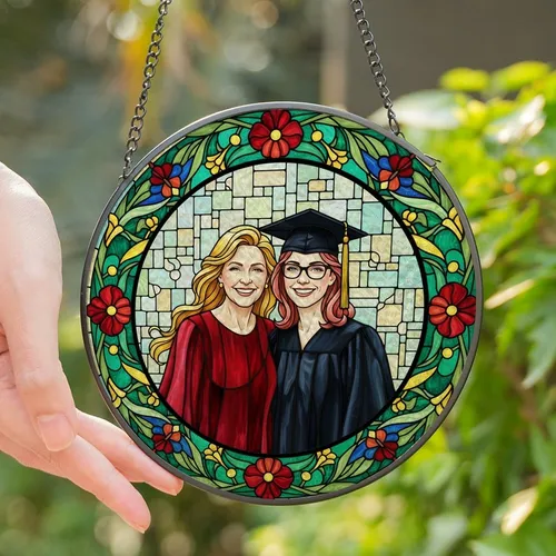 Graduation Celebration Joyful Women Stained Glass Ruby Emerald Gold Floral Butterfly Mosaic Stained Glass Suncatcher