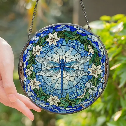 Nature Lovers' Tiffany Stained Glass Blue Dragonfly Mosaic Wings Floral Wreath Royal Blue Teal Stained Glass Suncatcher