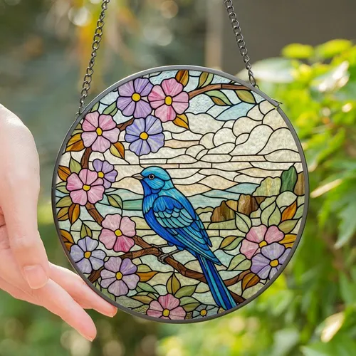 Art Lovers' Tiffany Style Stained Glass Blue Bird Floral Blossom Mosaic Art Stained Glass Suncatcher