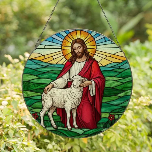 Faithful Individuals' Tiffany Style Stained Glass Jesus and Lamb, Vibrant Jewel Tones, Radiant Golden Sun, Edge-to-Edge Mosaic Art Stained Glass Suncatcher