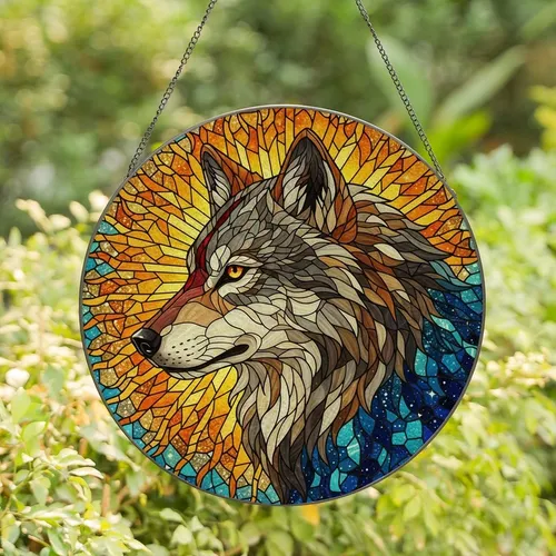 Nature Lovers' Tiffany Style Stained Glass Wolf Head Golden Orange Blue Cosmic Art Stained Glass Suncatcher