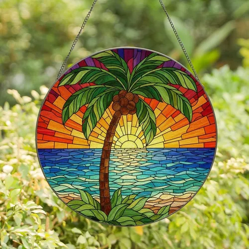 Tropical Art Lovers' Emerald Cerulean Stained Glass Palm Tree Mosaic Beach Sunset Stained Glass Suncatcher