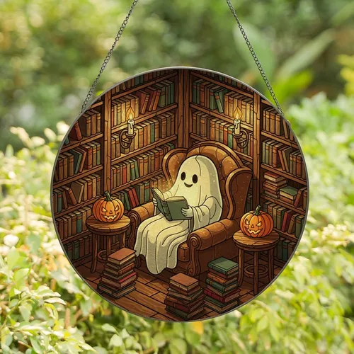 Fantasy Art Lovers' Cozy Tiffany Stained Glass Ghost Reading Library Nook Jewel Tones Orange Brown Stained Glass Suncatcher