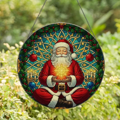 Holiday Art Lover's Tiffany Stained Glass Meditative Santa Golden Snowflake Radiant Geometric Mosaic Stained Glass Suncatcher