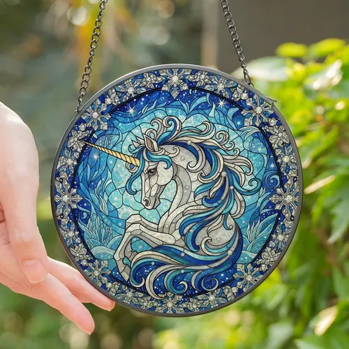 Fantasy Art Admirers' Vibrant Edge-to-Edge Stained Glass Unicorn Gold Horn Jeweled Winter Mosaic Cerulean Indigo Stained Glass Suncatcher
