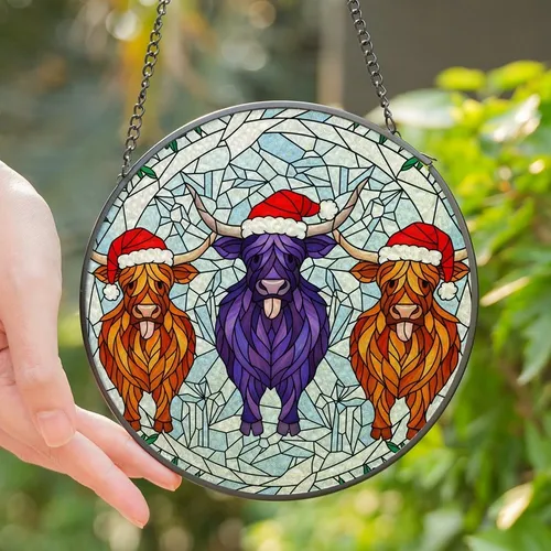 Highland Cow Lovers' Jewel Tone Stained Glass Purple Orange Cow Trio Festive Winter Mosaic Stained Glass Suncatcher