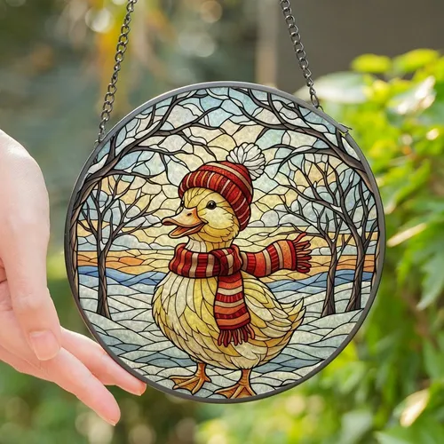 Nature Art Enthusiasts' Cheerful Golden Yellow Red Stained Glass Duckling Winter Wonderland Stained Glass Suncatcher