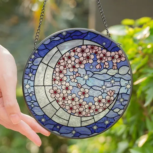 Art Lovers' Intricate Stained Glass Crescent Moon Cherry Blossom Celestial Mosaic Design Iridescent Pink Blue Stained Glass Suncatcher