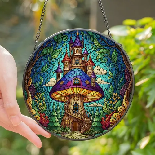 Fantasy Art Lovers' Whimsical Tiffany Style Stained Glass Mushroom Castle Jewel Tone Forest Stained Glass Suncatcher