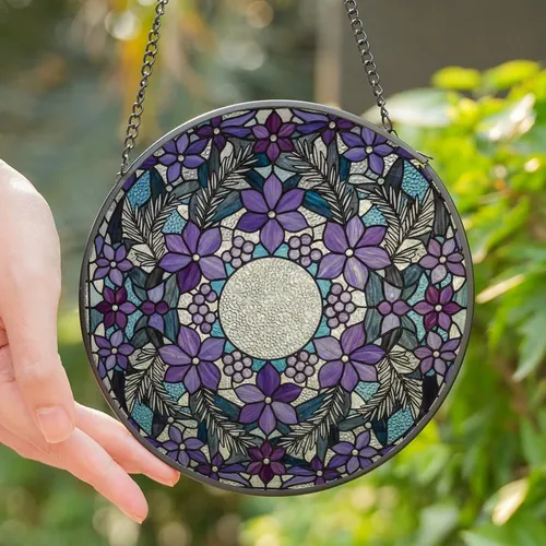 Art Lovers' Tiffany Stained Glass Botanical Wreath Deep Purple Lavender Teal-Blue Silver-Grey Mosaic Stained Glass Suncatcher