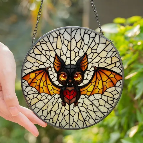 Fantasy Art Lovers' Cute Bat Translucent Stained Glass Tiffany Style Orange Yellow Mosaic Stained Glass Suncatcher