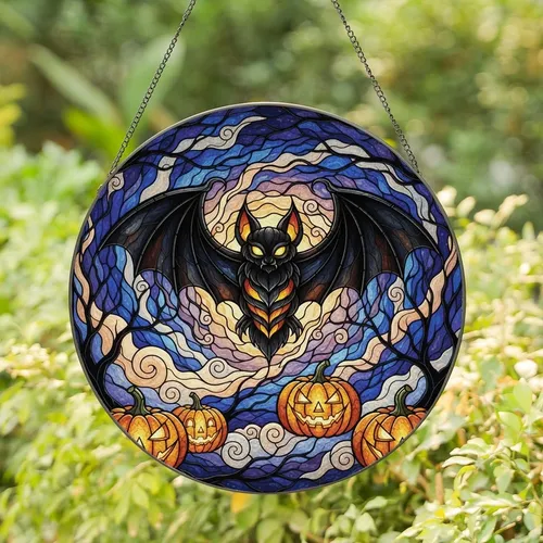 Halloween Enthusiasts' Tiffany Style Stained Glass Spooky Bat Jack-o'-Lantern Obsidian Amber Edge-to-Edge Mosaic Stained Glass Suncatcher